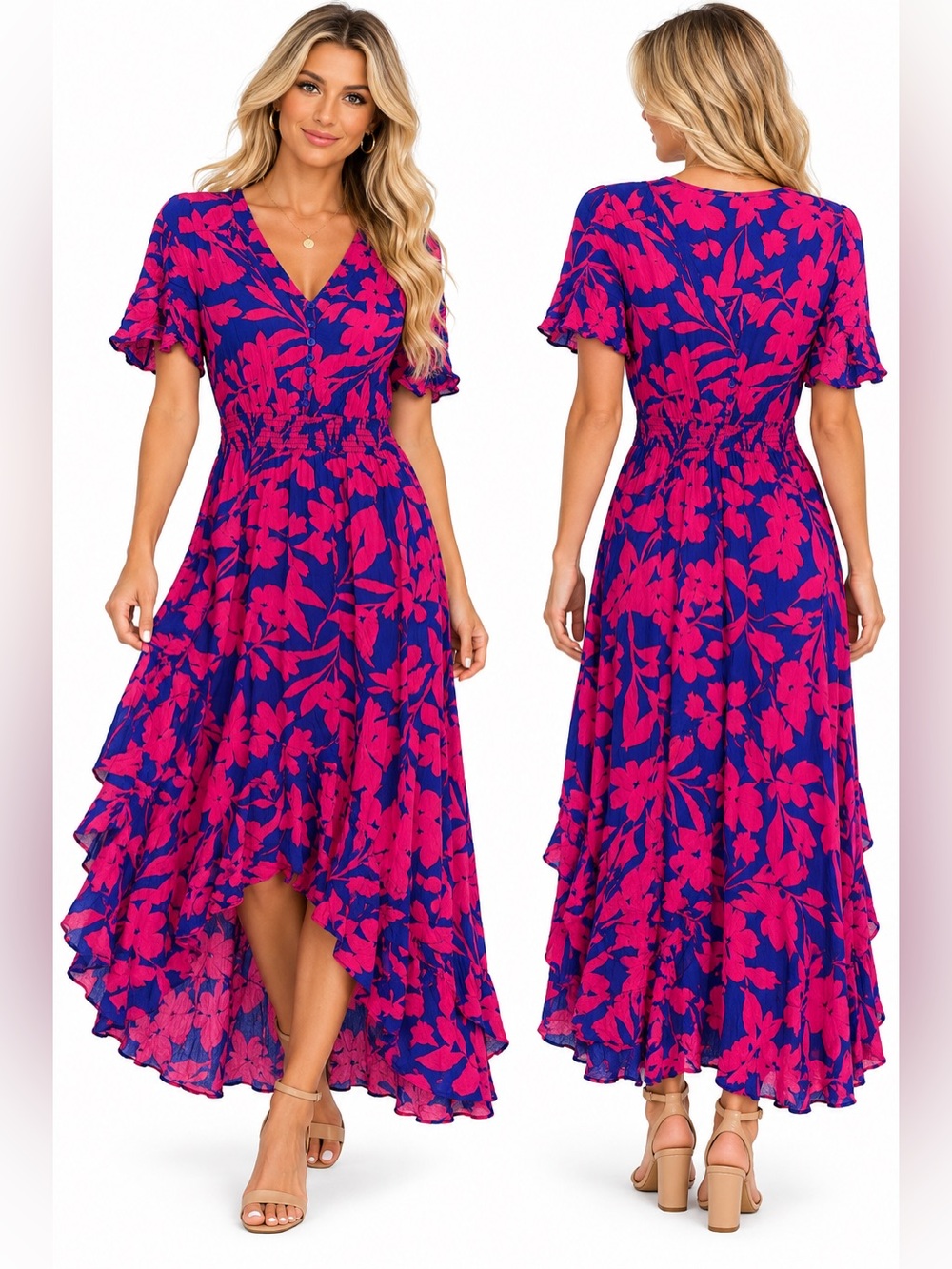 Abel the Label Size XS V-Neck Floral Hi-Low Maxi Dress in Fuchsia & Royal Blue
